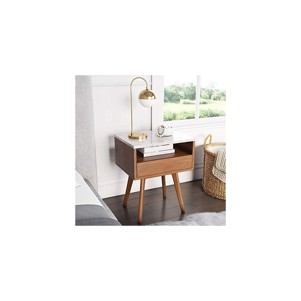 Nathan James James Mid-Century Rectangle Accent Side or End Table Walnut Finish Wood and Faux Marble Top with Storage Nightst
