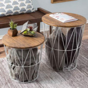 Lavish Home Convertible Round Metal Basket Veneer Wood Top Accent Side Home and Office Nesting End Tables with Storage- Set o