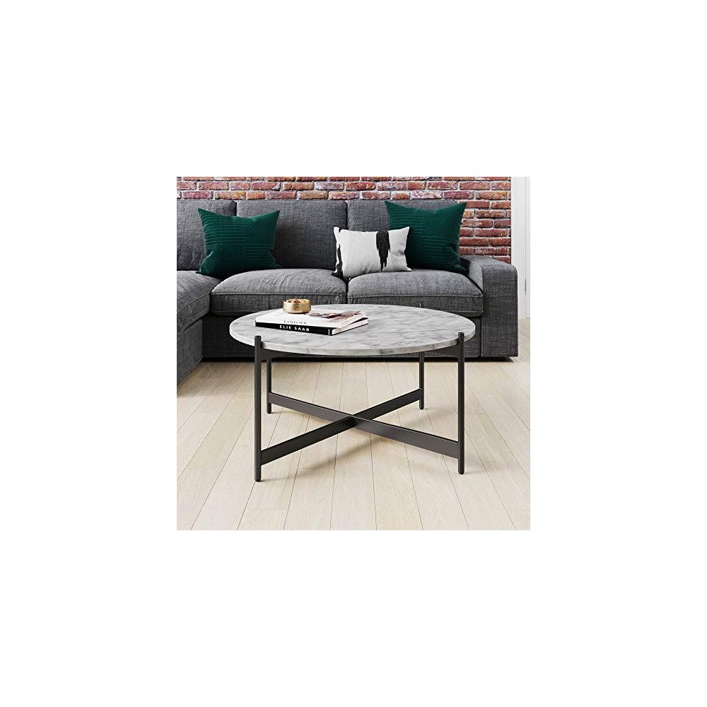 Nathan James Piper Faux White Marble Round Modern Living Accent Side or Coffee, Sofa Center Table for Dining Room/Tea with Me