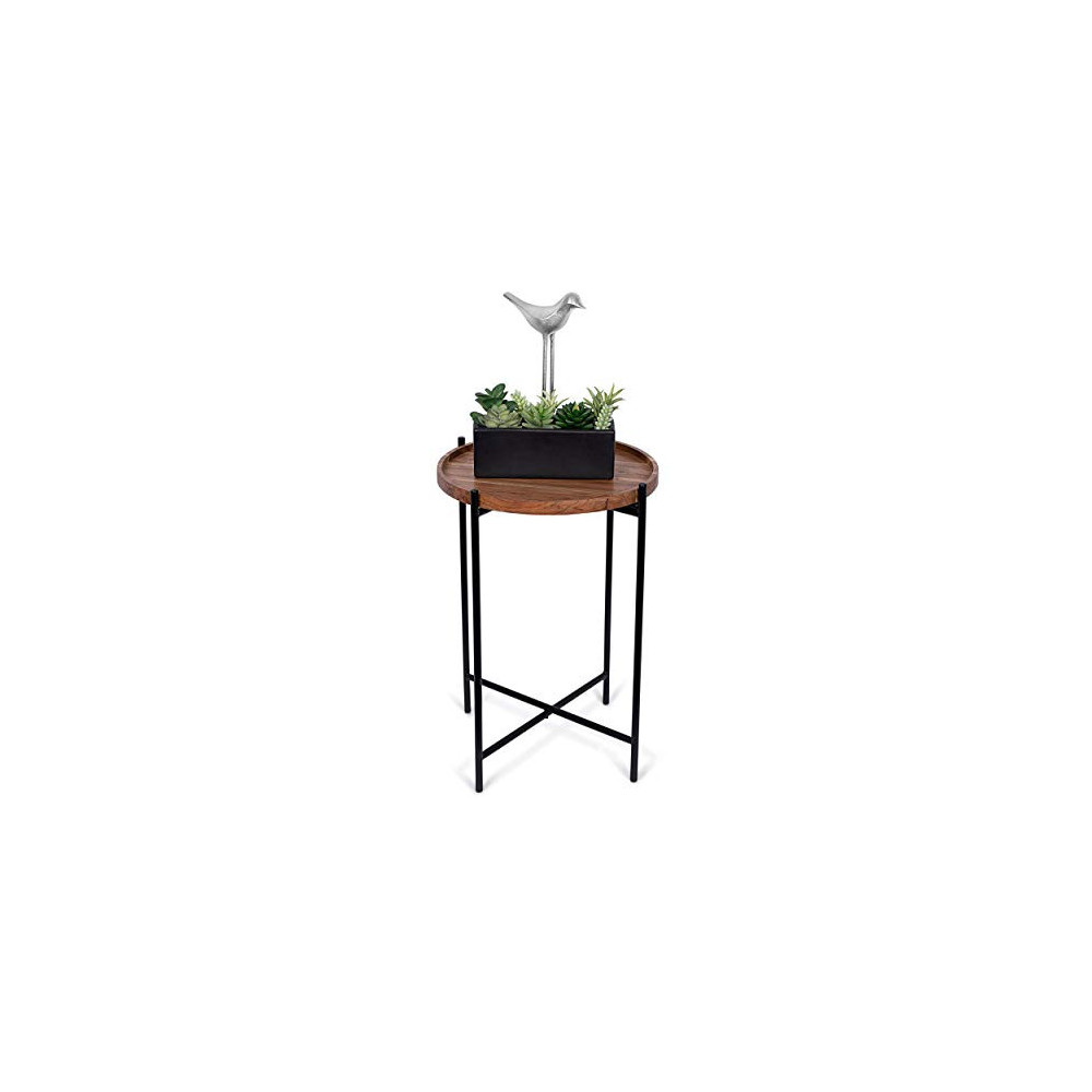 BIRDROCK HOME Folding Side Table with Removable Wood Tray - Black Metal Foldable Nightstand - Indoor Use Only - Bar Coffee Dr