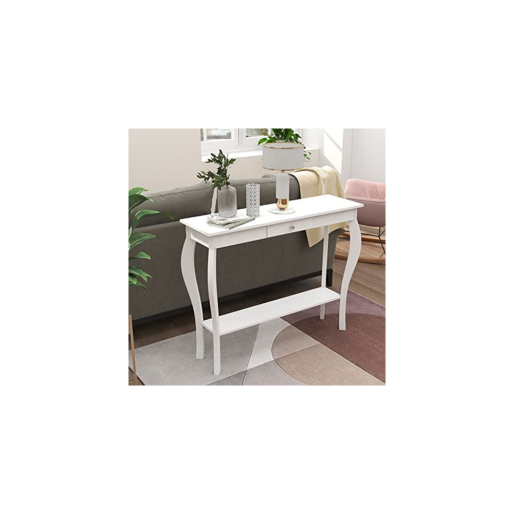 ChooChoo Narrow Console Table with Drawer, Chic Accent Sofa Table, Entryway Table, White