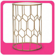 Adore Decor Harper Modern Glass and Metal Side Table, Gold Geometric Decorative Drum Small Accent for Living Room, 15.75" Wid