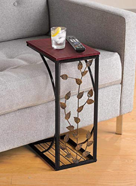 Sofa Side and End Table, Small - Metal, Dark Brown Wood Top With Leaf Design - Perfect for Your Living Room, Slides Up To Sof