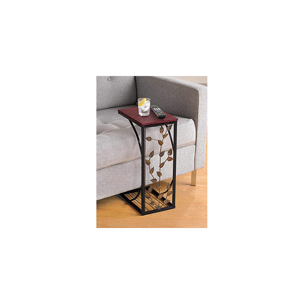Sofa Side and End Table, Small - Metal, Dark Brown Wood Top With Leaf Design - Perfect for Your Living Room, Slides Up To Sof