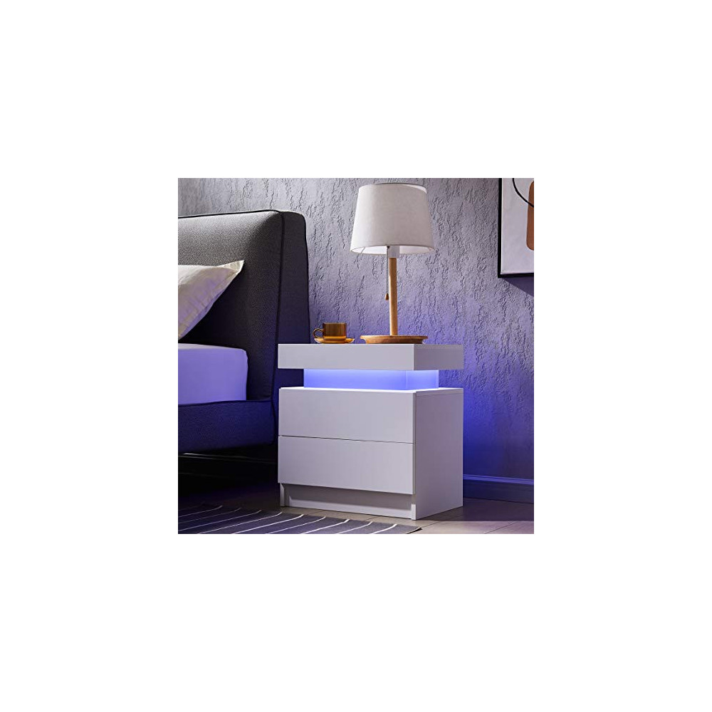 Generic Bedside Table with 2 Drawers, LED Nightstand Wooden Cabinet Unit with LED Lights for Bedroom, End Table Side Table fo