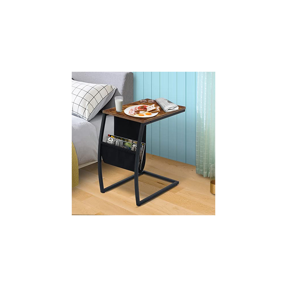 Side Table C Table Sofa End Table Couch Table with Storage Pocket, C Shaped End Table for Living Room, Steel Frame Snack Side