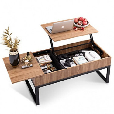 WLIVE Wood Lift Top Coffee Table with Hidden Storage Compartment, Side Drawer and Metal Frame, Lift Tabletop Dining Table for