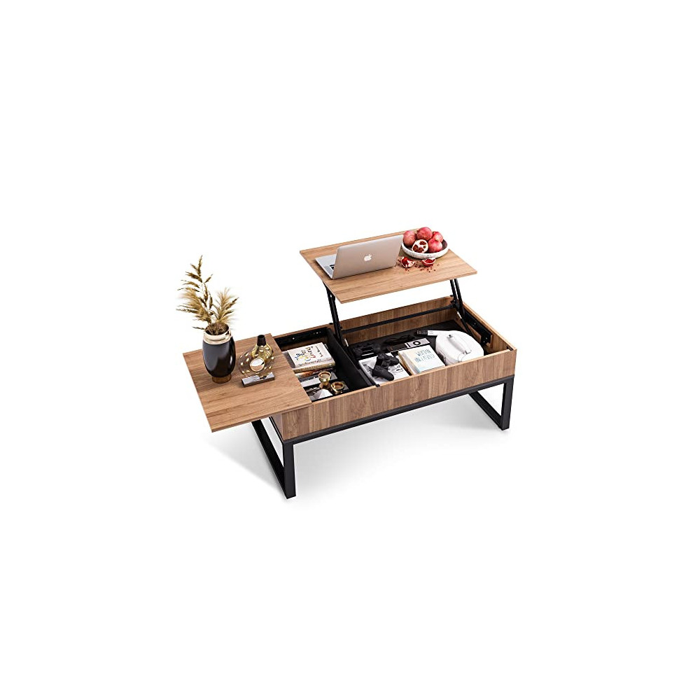 WLIVE Wood Lift Top Coffee Table with Hidden Storage Compartment, Side Drawer and Metal Frame, Lift Tabletop Dining Table for