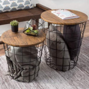 Lavish Home Dark Brown Nesting Side Vintage-Look Wood Veneer and Black Metal Round End Tables with Storage-Set of 2