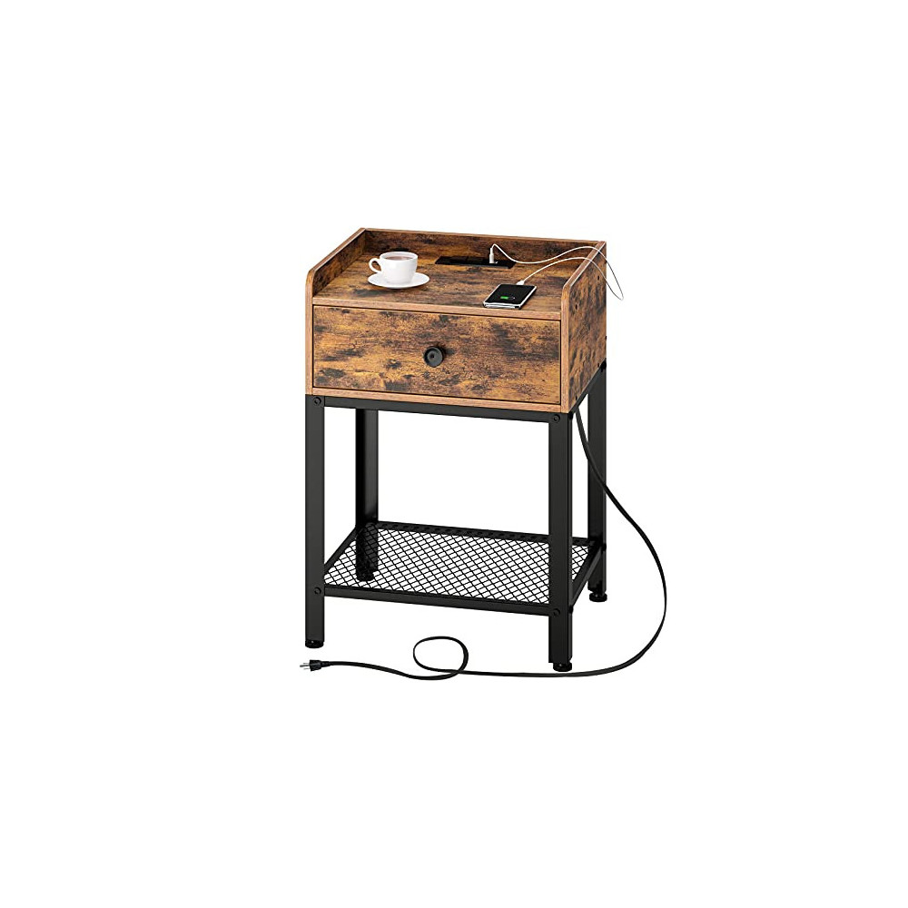 Rolanstar Nightstand with Charging Station and USB Ports, Rustic End Side Table with Metal Storage Shelf for Bedroom, Living 