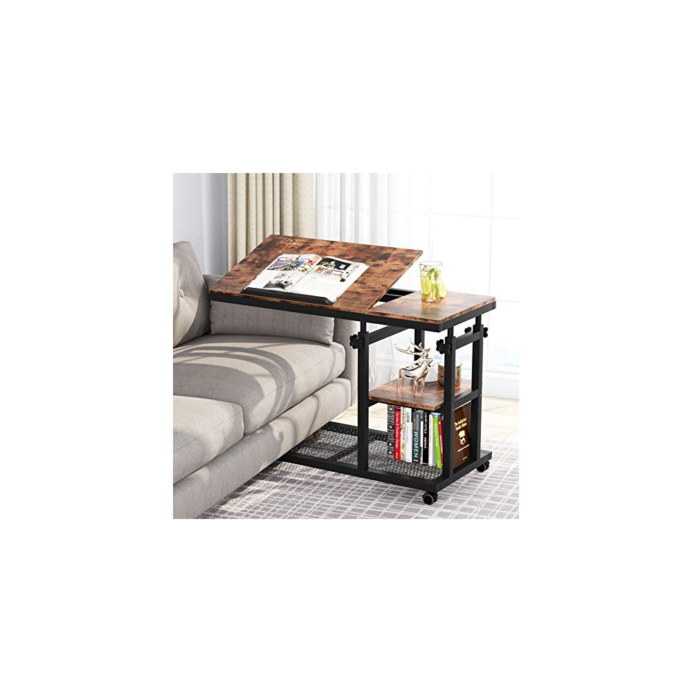 Tribesigns Height Adjustable C Table with Wheels, Mobile Couch Snack Side Table with Tiltable Drawing Board, Sofa Bedside Lap