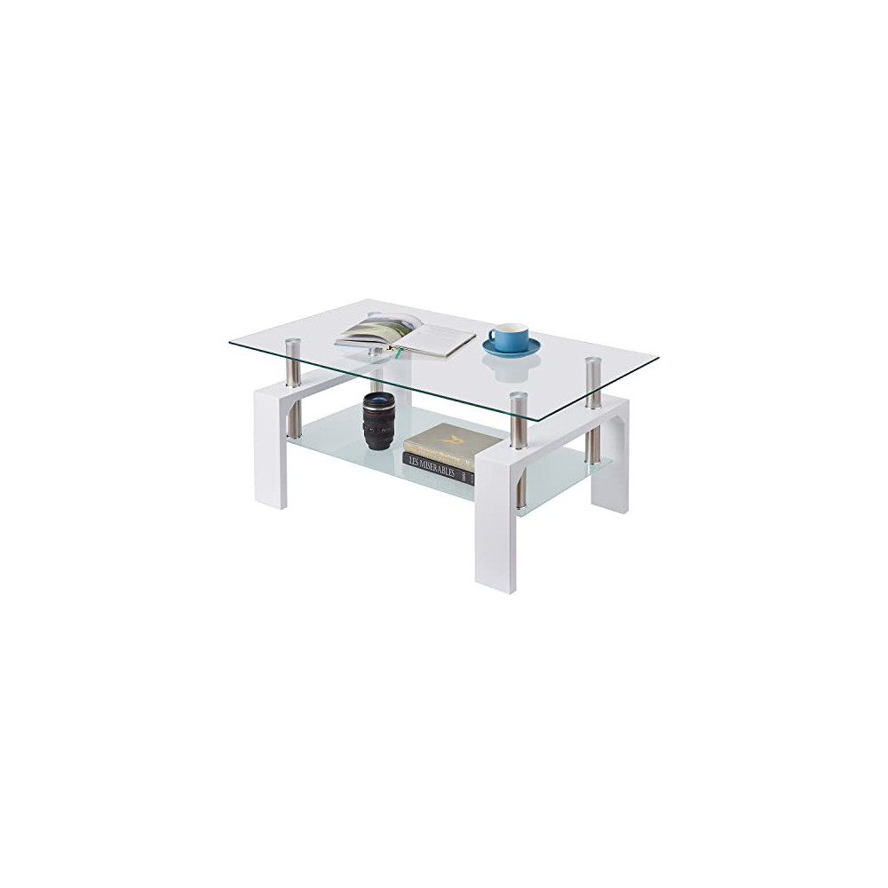 Rectangle Glass Coffee Table, Tea Table Modern Side Coffee Table with Lower Shelf Suitable for Living Room, 2-Tier Center Cof