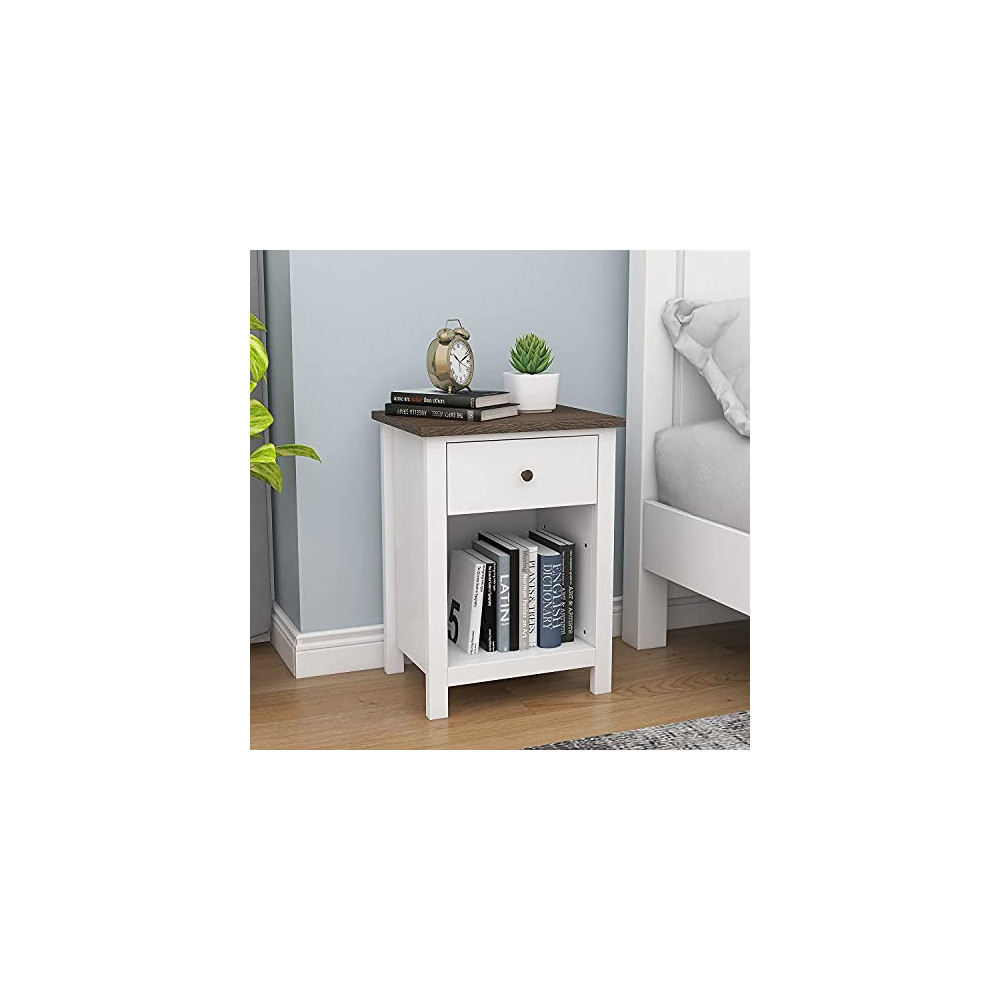 ChooChoo Nightstand Bedroom, Side Table with 1-Drawer Storage Cabinet, Wooden End Table Bedside Table, White