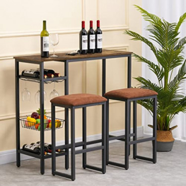 Giikin Bar Table, Counter Height Table with Wine Glass Holder and Bottle Rack, Dining Table Kitchen Bar Table with 3 Storage 