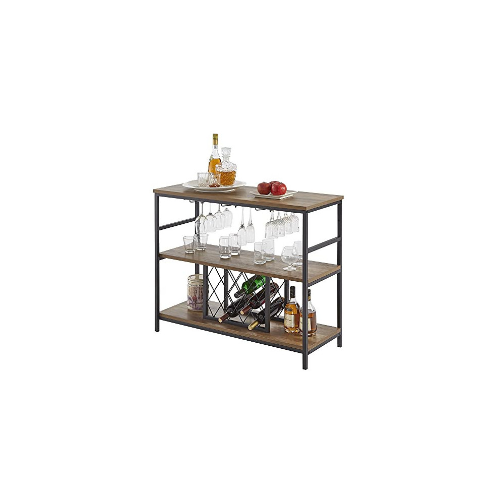 FOLUBAN Wine Rack Table, Industrial Bar Buffet Cabinet for Liquor and Glasses, Rustic Wood and Metal Wine Cabinet with Storag