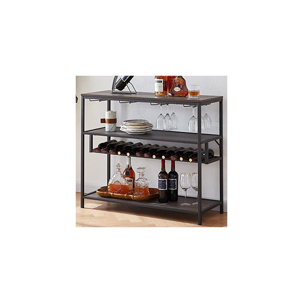 LVB Wine Rack Table, Liquor Bar Cabinet Freestanding Floor, Wooden Rustic Wine Storage with Wine Shelf and Glass Holder, Meta