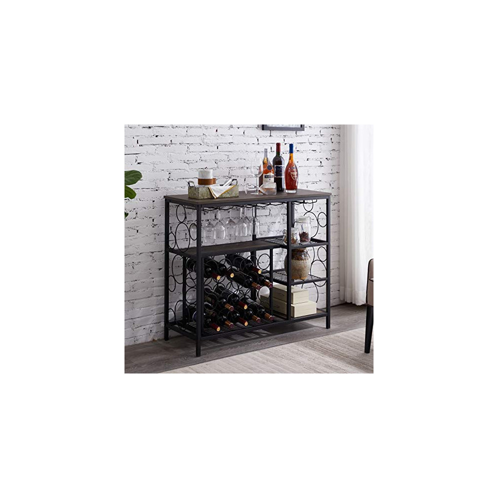 Hombazaar Industrial Wine Rack Table with Glass Holder, Metal and Wood Wine Bar Cabinet with 20 Bottles Wine Storage, Console