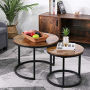 KOTPOP Industrial Nesting Coffee Table for Balcony Living Room,Modern Round Wooden Side Table Set of 2 with Sturdy Metal Legs