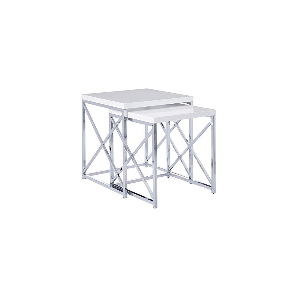Monarch Specialties , Nesting Table, Chrome Metal, Glossy White, Table Set, 2 pcs