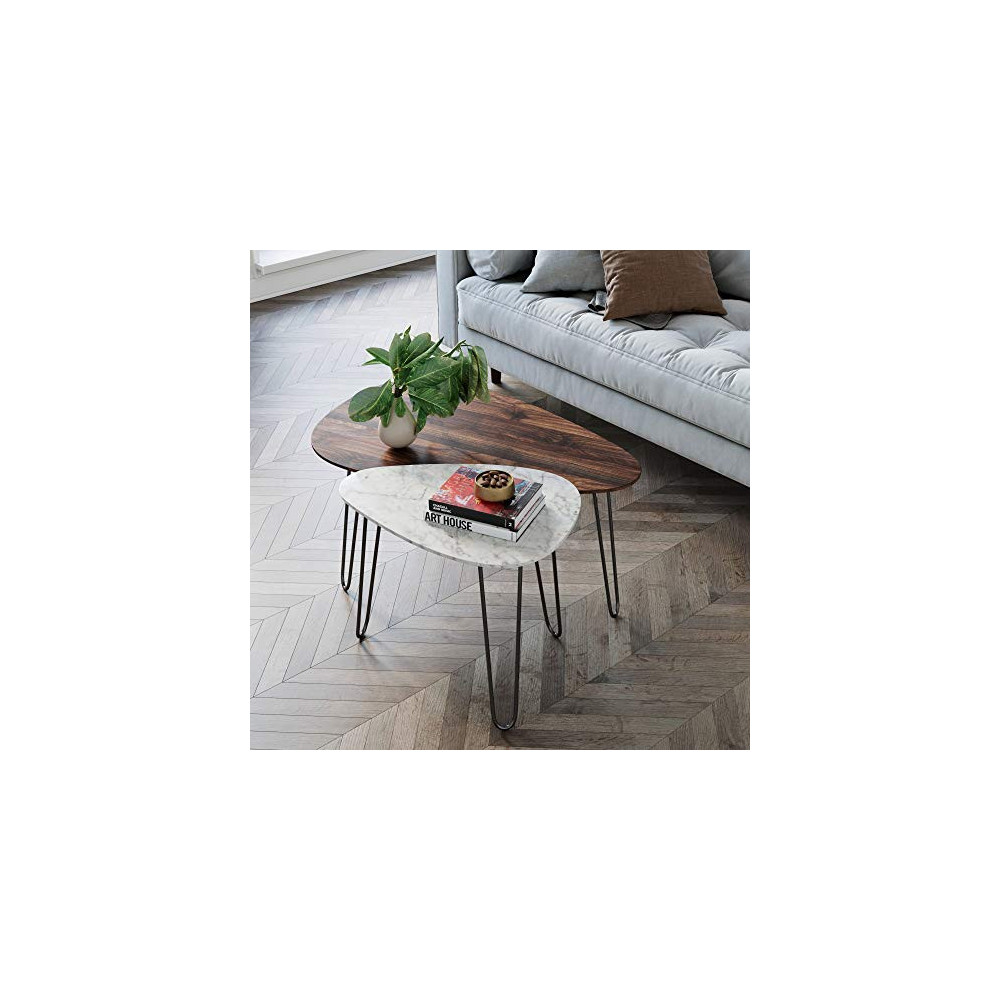 Nathan James Bodhi Mid-Century Nesting Coffee Table Set of 2, Stacking Side or End for Living Room with Faux Carrara Marble, 