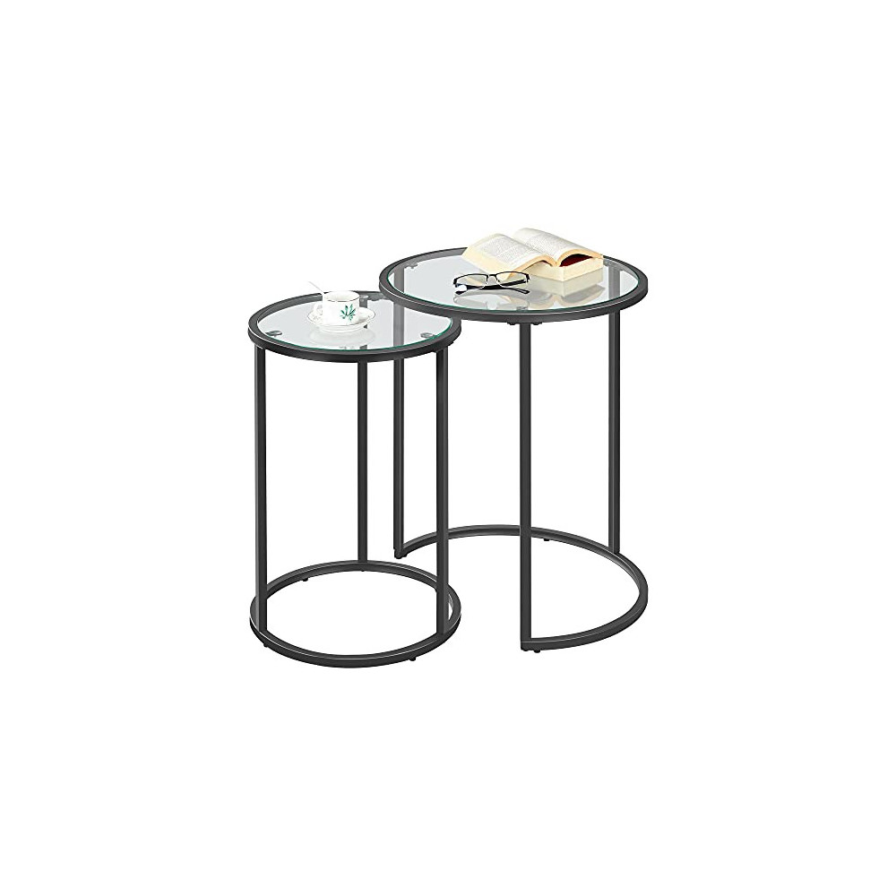 Yaheetech Round Nesting End Table Set of 2,Stacking Side Tables,Coffee Tables Set w/Metal Frame & Glass Top & Protective Foot