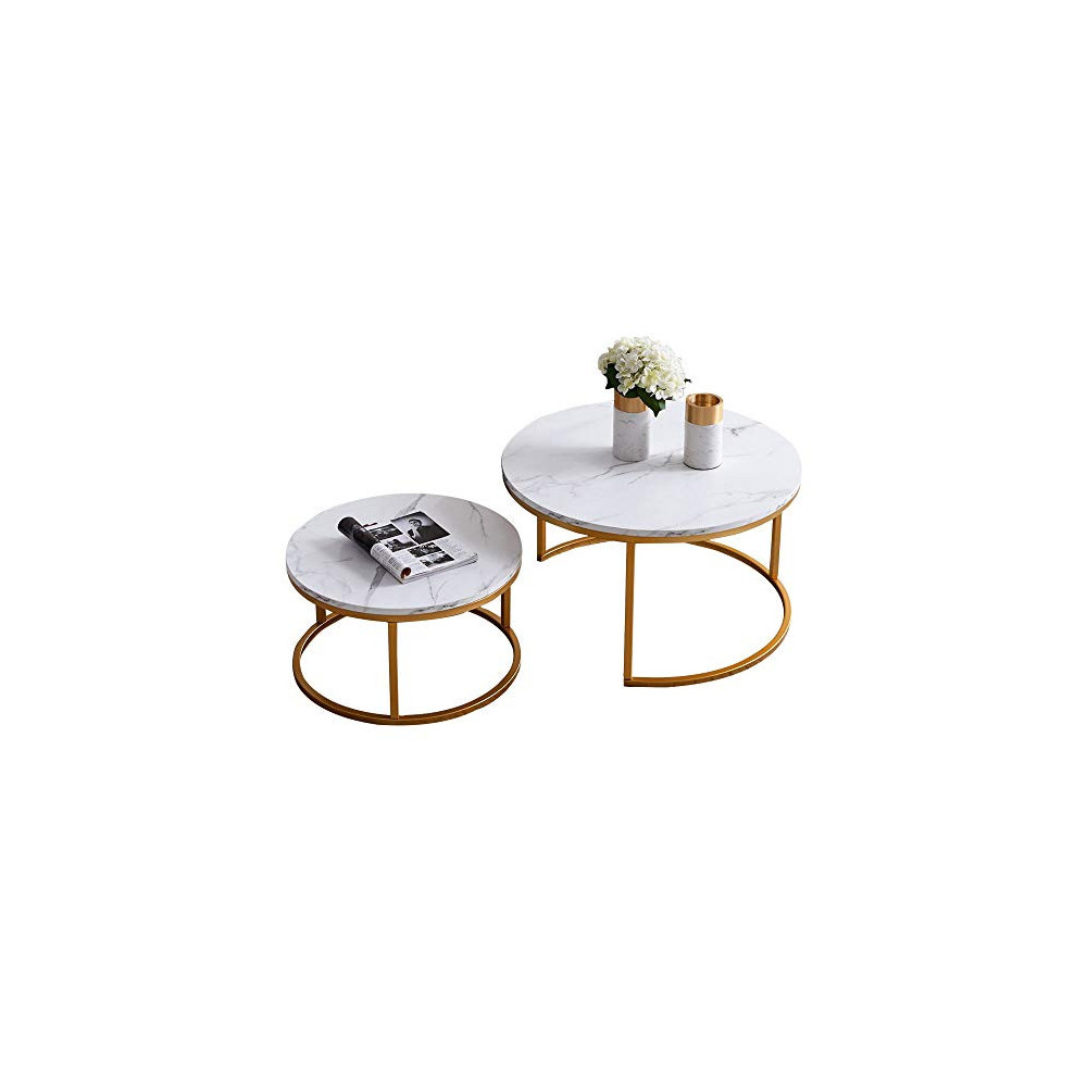 HOMMOO Round 31.5" Nesting Coffee Table Set of 2 Modern Accent Coffee Table with Faux Marble Wooden Top and Golden Metal Fram