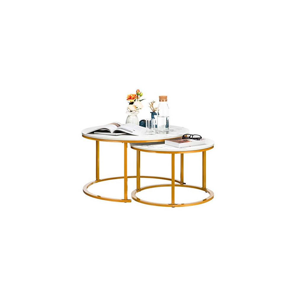 HollyHOME Modern Round Nesting Side Table Set of 2, Wood Coffee and Snack End Table with Metal Frame, Accent Tea Table for Li