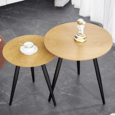 Ebullient Nesting End Table Set of 2 Wood Grain Modern Home Side Table, Metal Table Legs Coffee Tables,Waterproof, Corrosion 