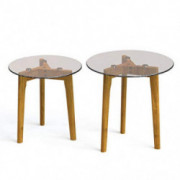 Estleys Round Nesting End Tables, Set of 2 Minimalist Coffee Table, Side Table with Tempered Glass Top & Natural Wooden Legs,