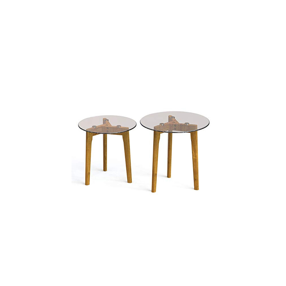 Estleys Round Nesting End Tables, Set of 2 Minimalist Coffee Table, Side Table with Tempered Glass Top & Natural Wooden Legs,