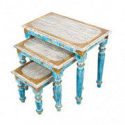 Rosmonte Handmade Blue Indian Wooden Nesting Tables with Brass Accents - Coffee Table, End Table - 3 Piece Set - 24 x 14 x 21