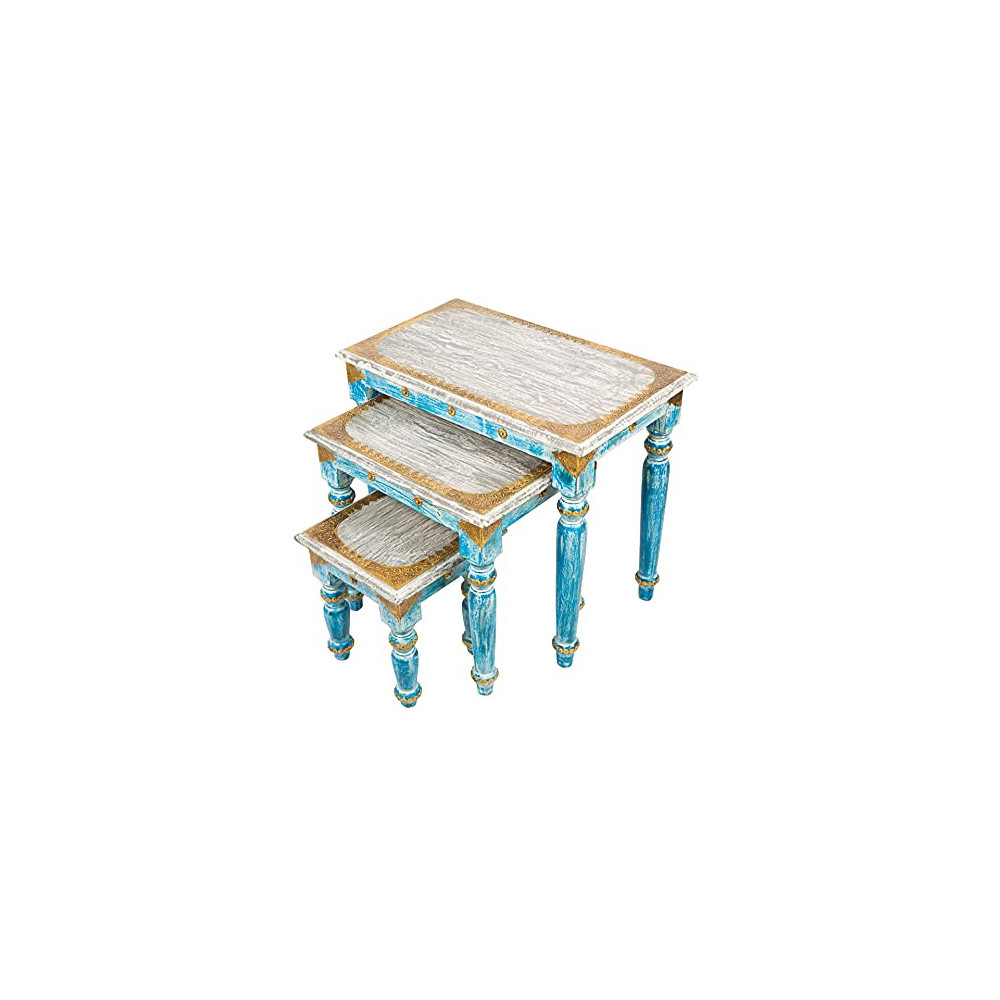 Rosmonte Handmade Blue Indian Wooden Nesting Tables with Brass Accents - Coffee Table, End Table - 3 Piece Set - 24 x 14 x 21