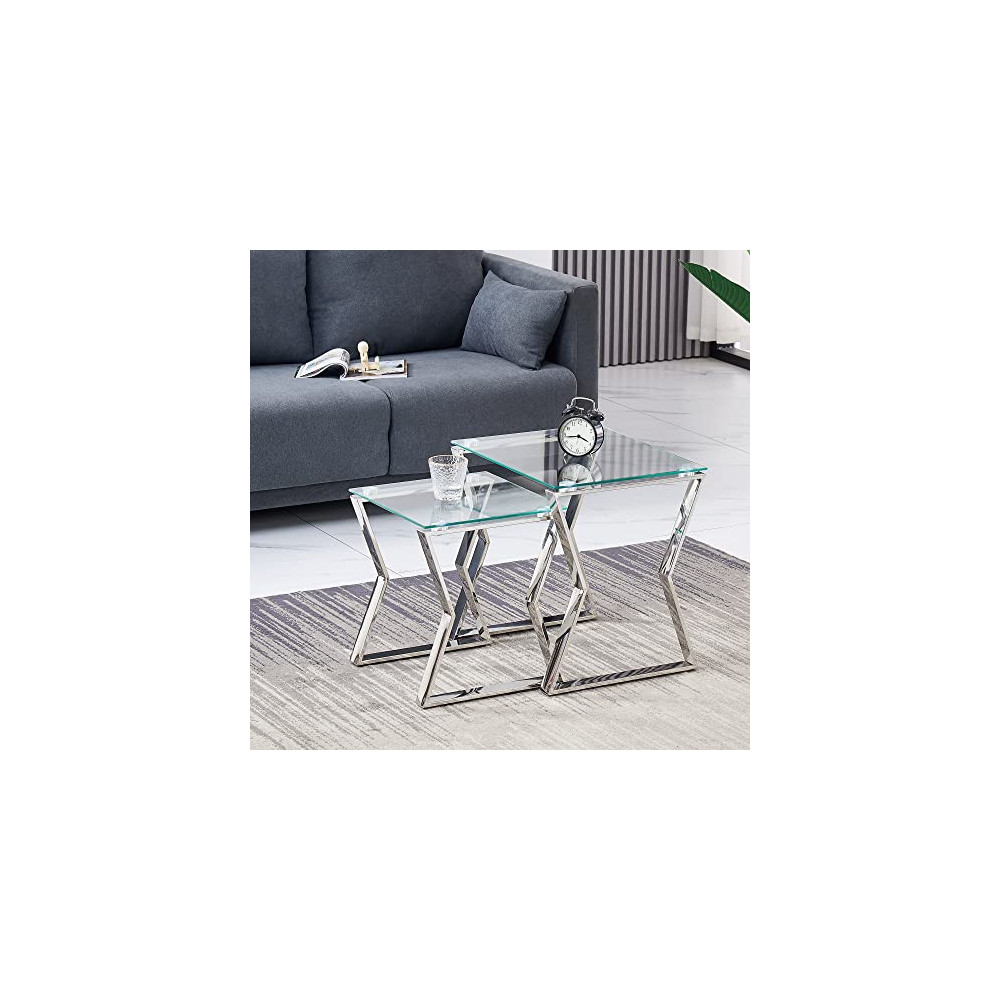 2 Pieces Nesting Silver Glass End Table Set- 18" Modern Square Small Coffee Table Stainless Steel Frame and Clear Tempered Gl