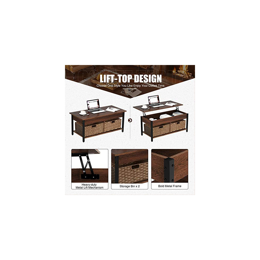 Rolanstar Lift Top Coffee Table with Storage and Rattan Baskets