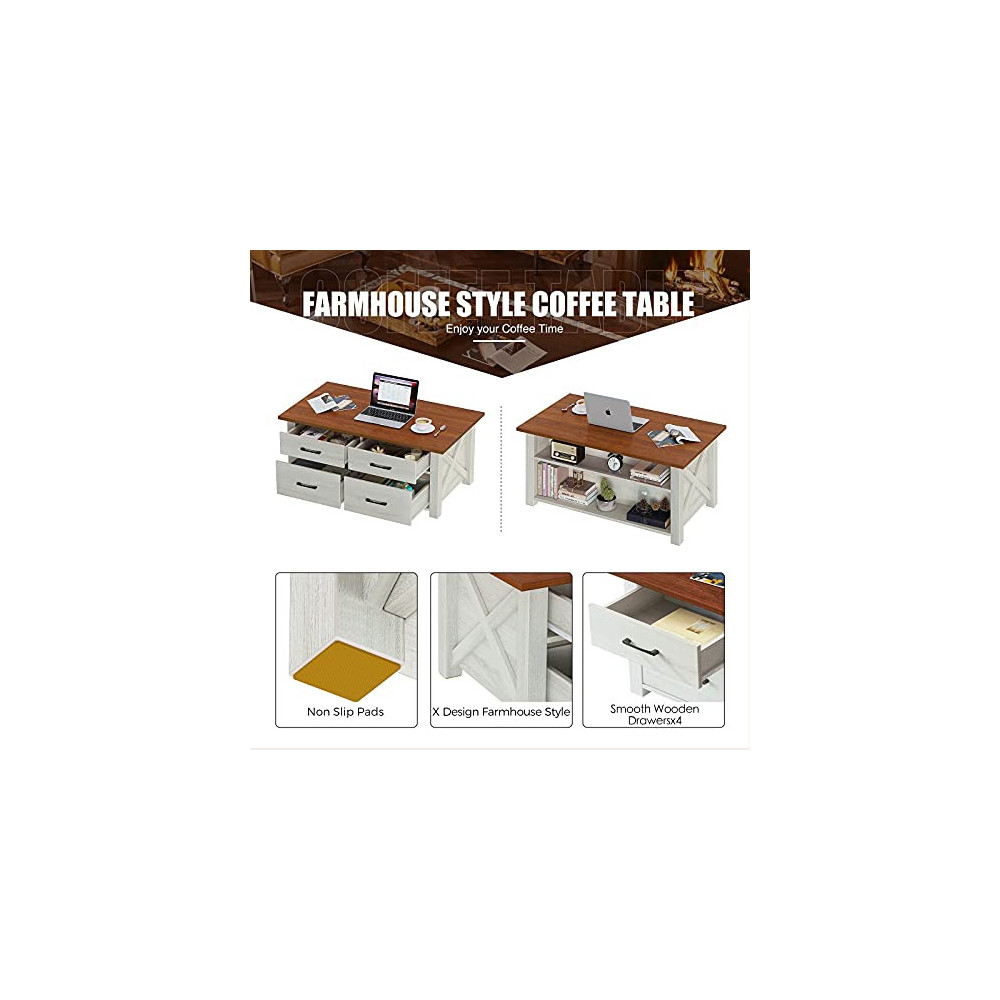 Rolanstar Coffee Table with Storage, Farmhouse Coffee Table with