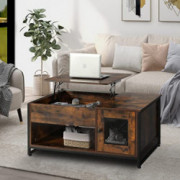 GBU Industrial Lift Top Coffee Table - Modern Adjustable Living Room Table w/Hidden Compartments and Mesh Cabinet, Lift Table