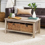 Walker Edison Alayna Mission Style Two Tier Coffee Table with Rattan Storage Baskets, 40 Inch, Driftwood