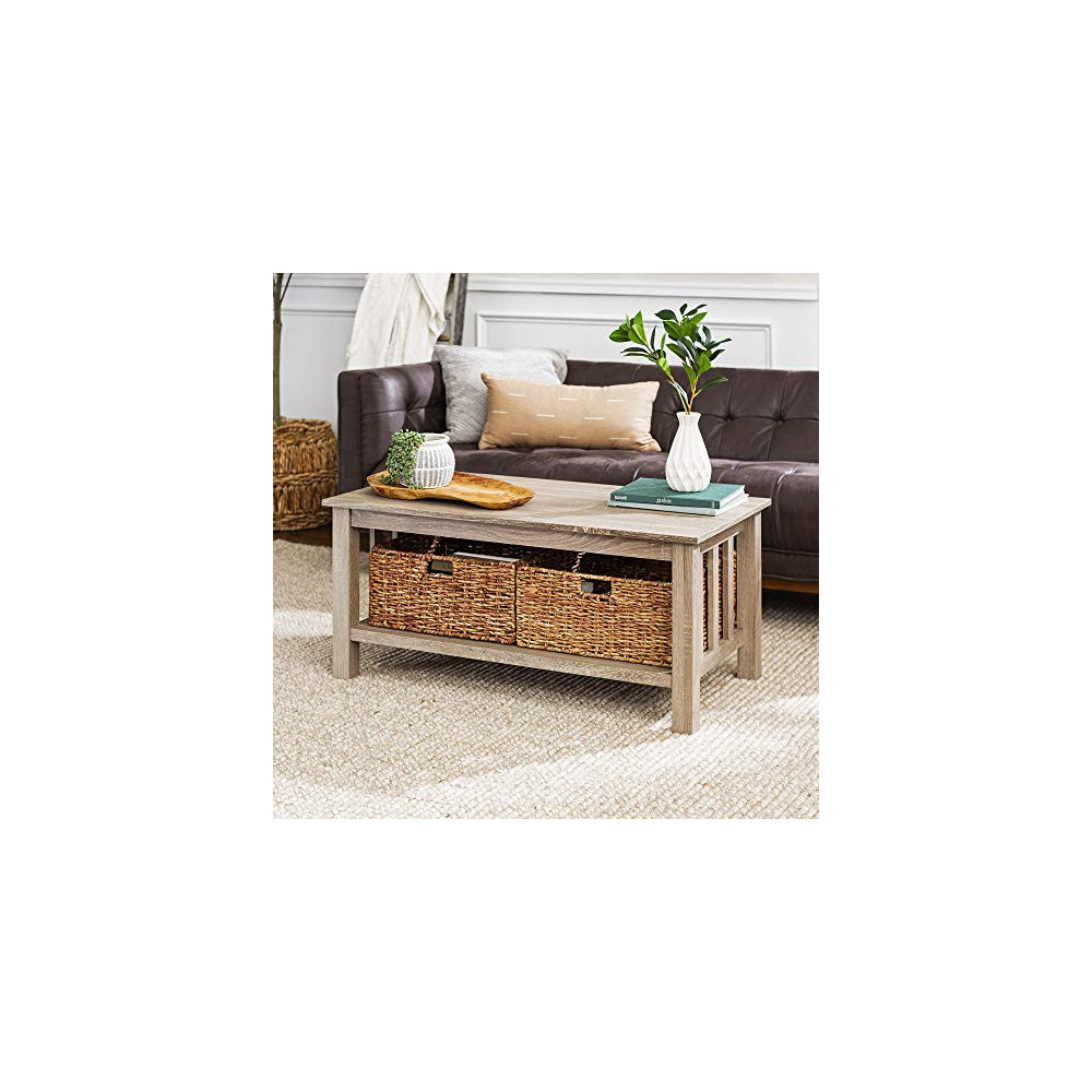Walker Edison Alayna Mission Style Two Tier Coffee Table with Rattan Storage Baskets, 40 Inch, Driftwood