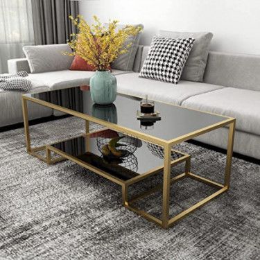 Glass Coffee Table, Gold Accent Modern Tempered Glass Side Table, Additional Storage Shelf & Metal Frame, for Living Room Hom