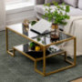 Glass Coffee Table, Gold Accent Modern Tempered Glass Side Table, Additional Storage Shelf & Metal Frame, for Living Room Hom