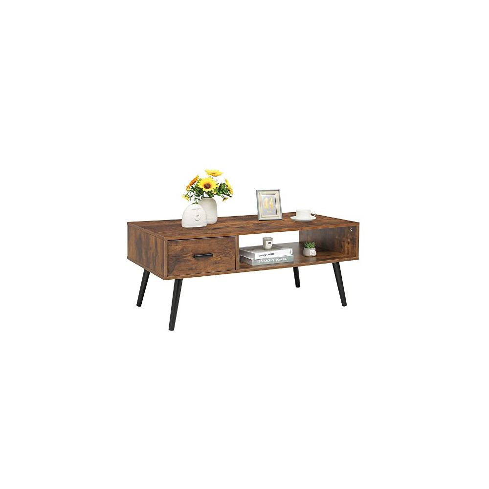 IWELL Mid Century Coffee Table with Drawer and Storage Shelf for Living Room, Wood Cocktail Table, Accent TV Table for Recept