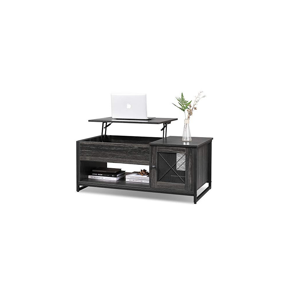 WLIVE Industrial Lift Top Coffee Table, 3-Tier Cocktail Table, Metal Mesh Cabinet Door with Hidden Compartment for Living Roo