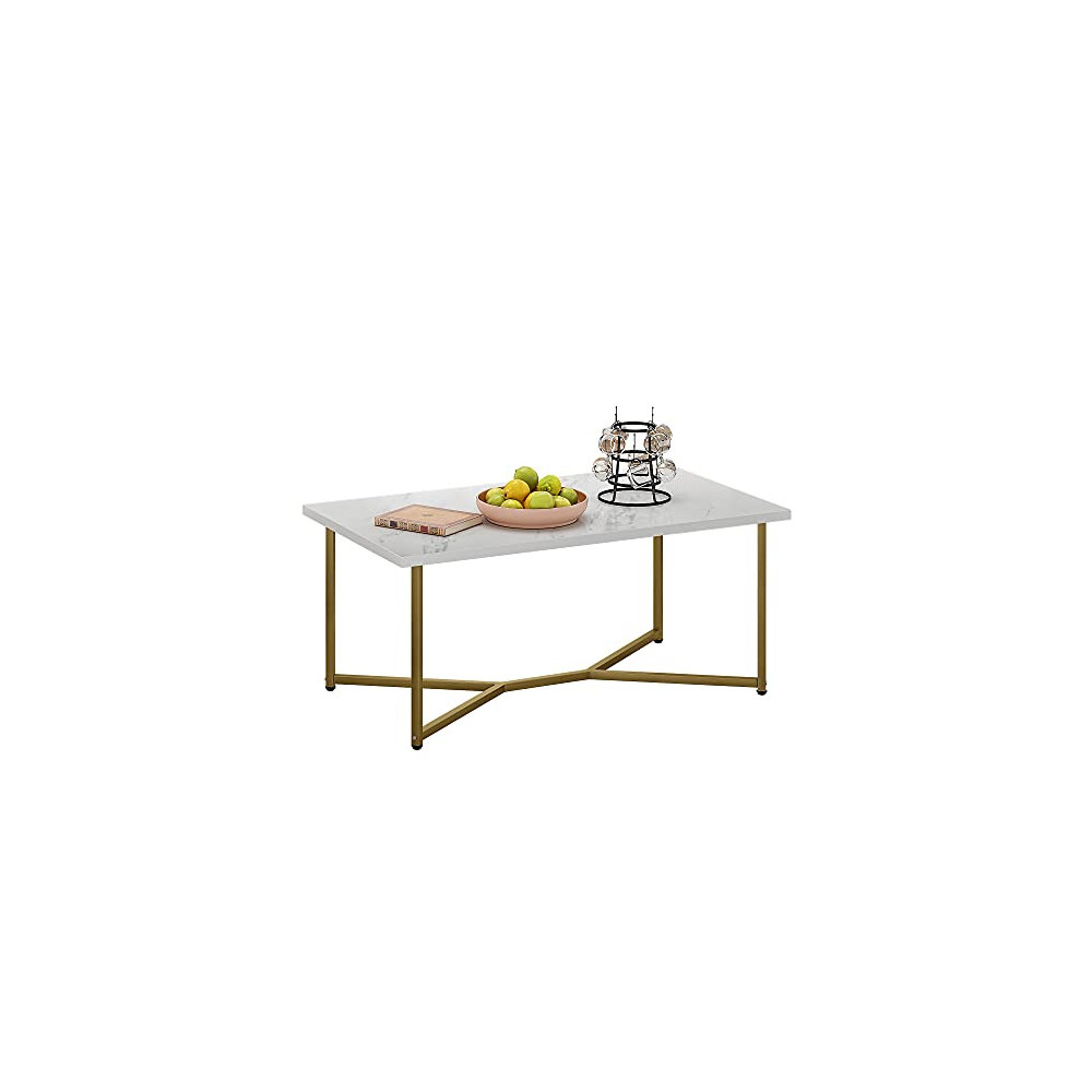 Function Home 42 Inch Rectangular Coffee Table, Storage Cross Legs Cocktail Table, Faux White Marble Wood Top with Gold Y-Leg