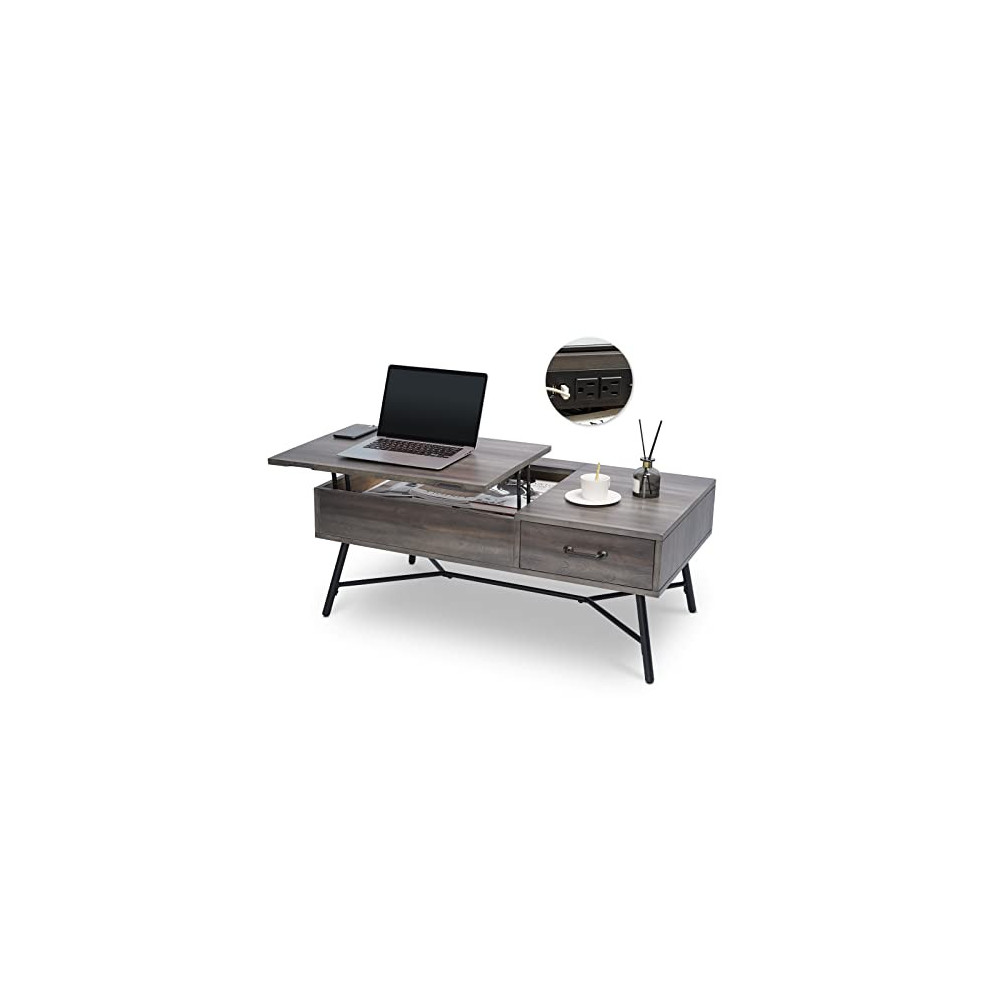 GREATUNE Lift Top Coffee Table with USB Charging Ports and Outlets, Birch Wood Central Table with Hidden Compartment Storage 