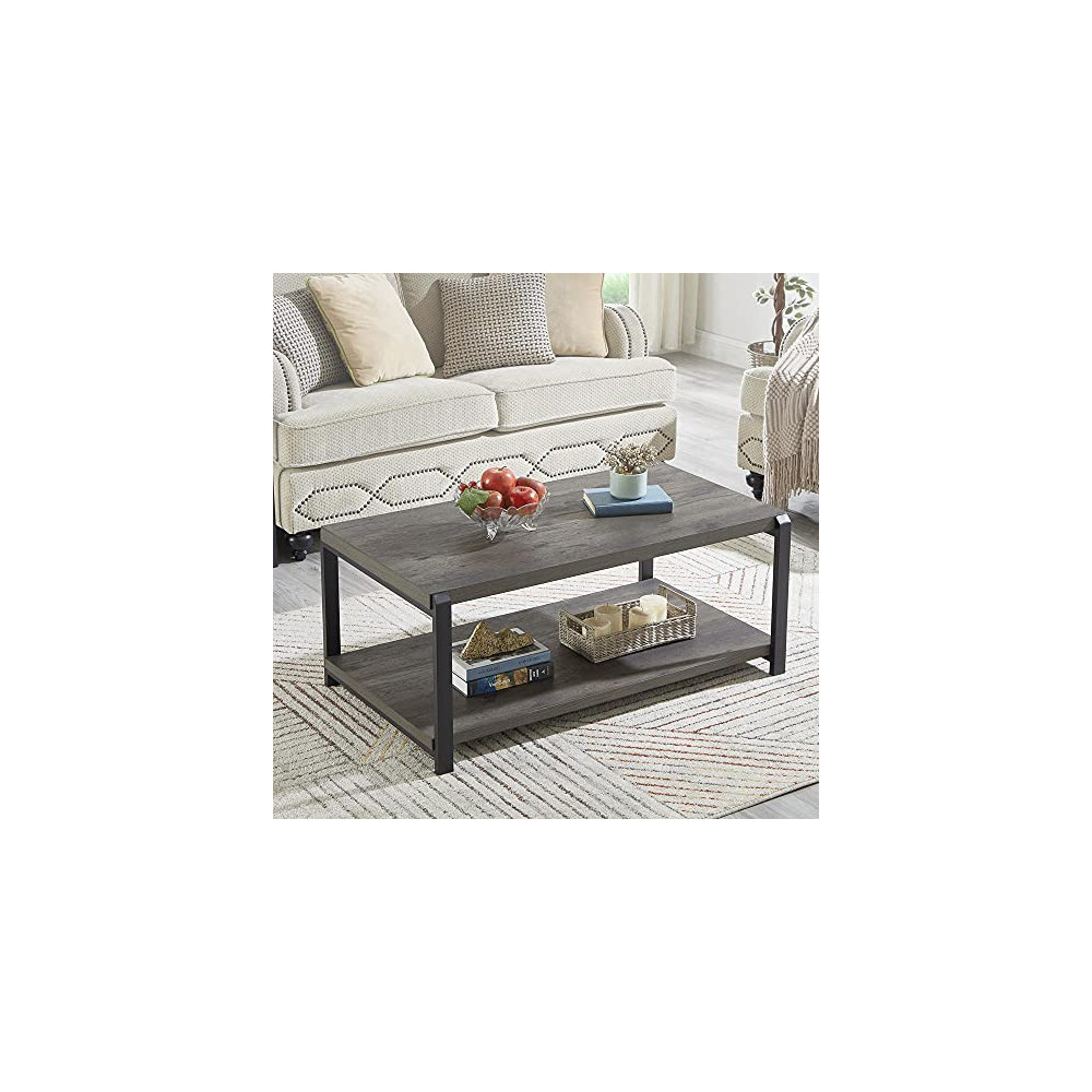 EXCEFUR Coffee Table with Storage Shelf,Rustic Wood and Metal Cocktail Table for Living Room,Grey