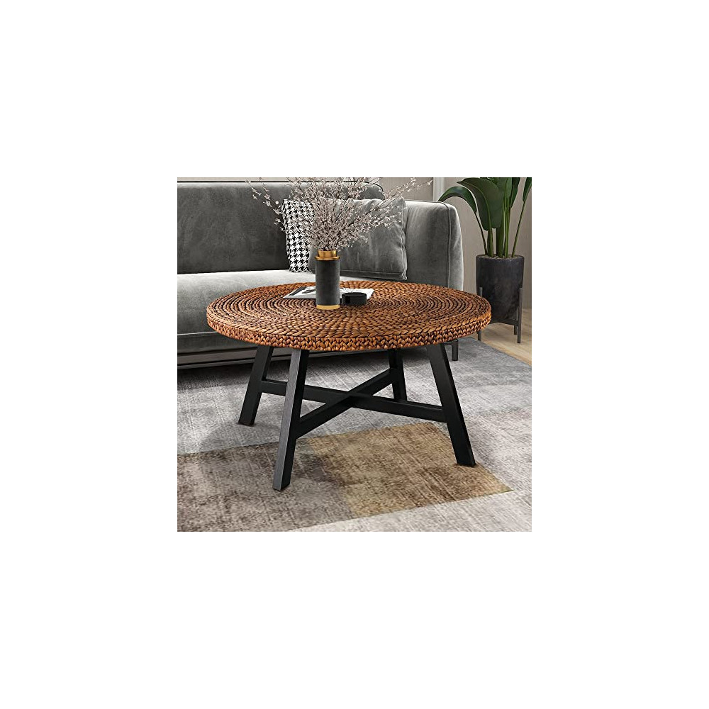 Round Coffee Table,RANDEFURN Seagrass Coffee Tables,Pine Wood X Base Frame Cocktail Table, Easy Assembled, Multiple Sizes for