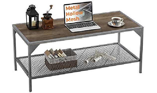 GreenForest Industrial Coffee Table with Storage Mesh Shelf for Living Room, Farmhouse Style, Easy Assembly, Rustic Walnut