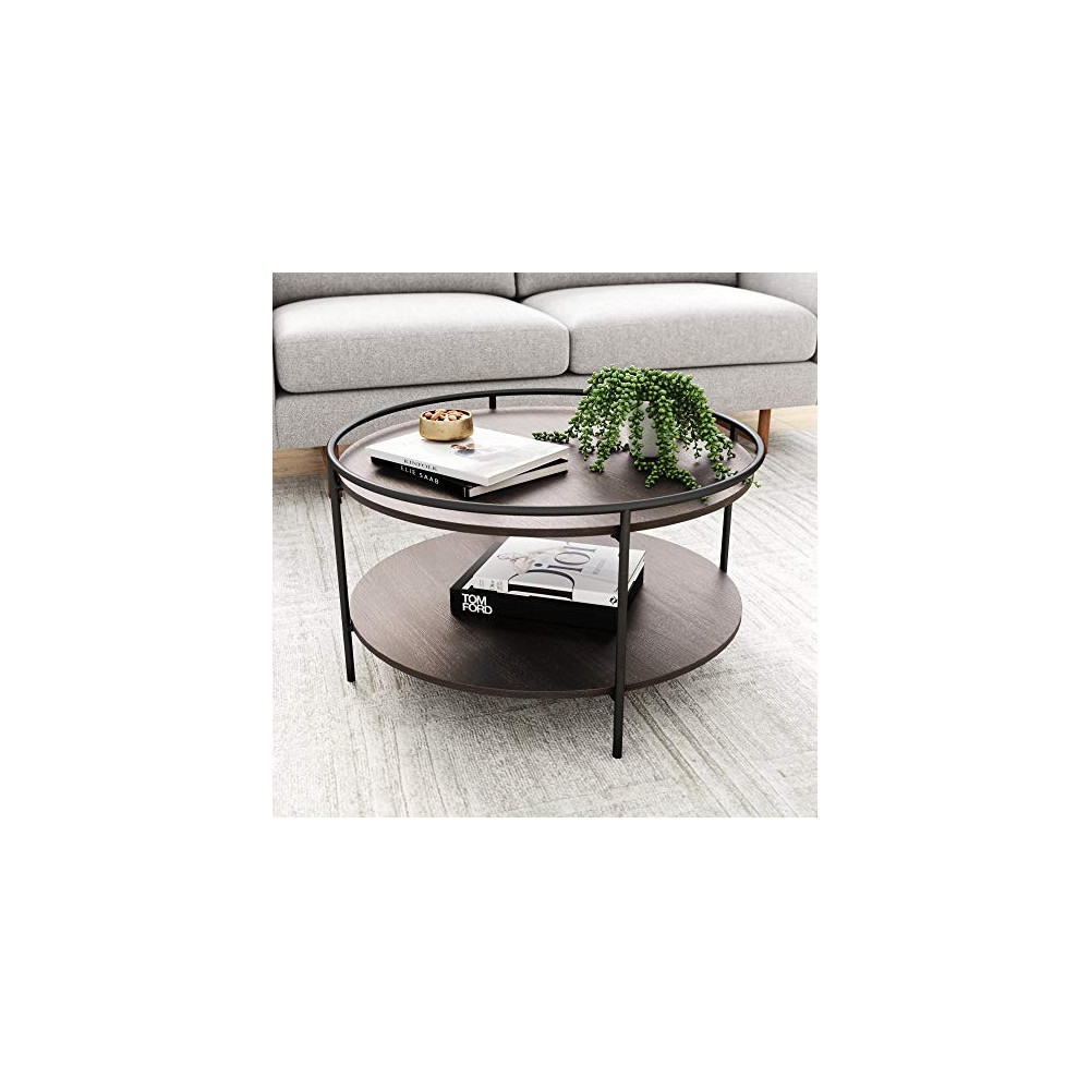 Nathan James Paloma Round Coffee Tea or Cocktail with Raised Tray Top Edge Tables, 2-Tier Minimalist Style Living Room, Dark 