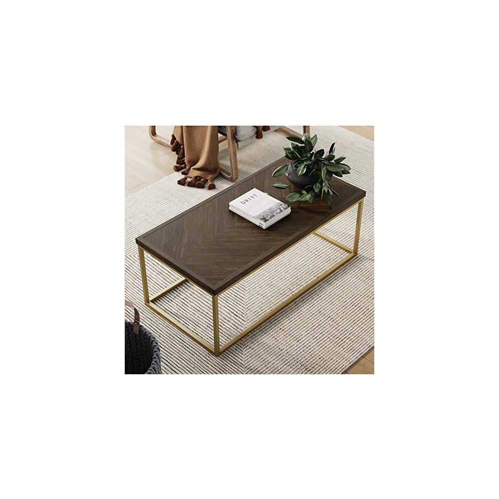 Nathan James Doxa Modern Industrial Coffee Table Wood in Herringbone Pattern and Metal Box Frame, Dark Brown/Gold