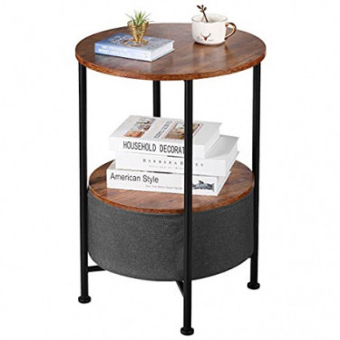 LEMONDA 20x24 Inch Industrial Round End Side Table, Small Coffee Table Nightstand Bedside Table with Storage Basket for Sundr